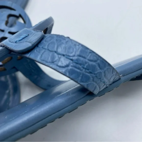 Tory Burch MILLER Leather Thong Sandals Logo Slip On Croc Embossed Women's 6 Blu - Picture 4 of 9